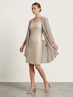 Mushroom Taupe Sequin Lace Dress Duster Set Y2K Deadstock Vintage XS